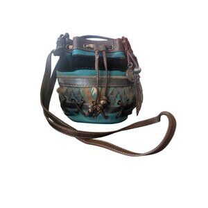 Nine West Vintage American Bucket Bag Teal Brown 8in